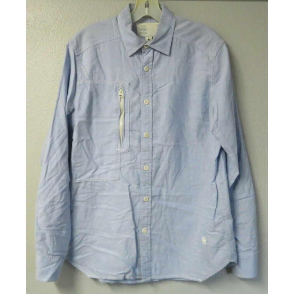 Mens G STAR Long Sleeve Button Front Blue Denim Zipper Pocket Shirt Size S